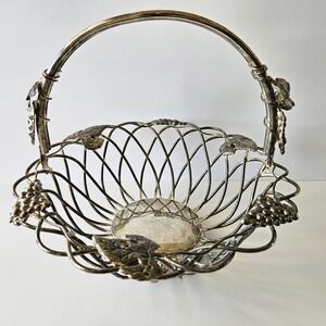 Vtg GODINGER Silver-Plated Wire Grapevine Basket - 12in - Bread Rolls Fruit Leaf